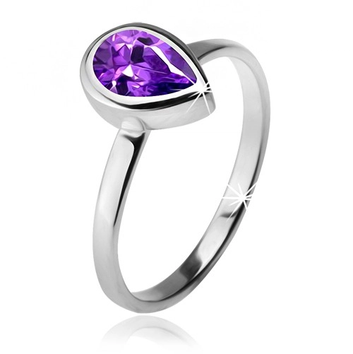 Prsten s fialovým slzičkovitým kamínkem v objímce, stříbro 925 - Velikost: 58