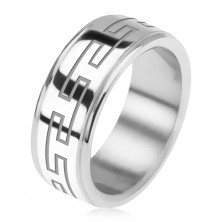 Ocelový prsten, zrcadlově lesklý, snížené okraje, řecký klíč