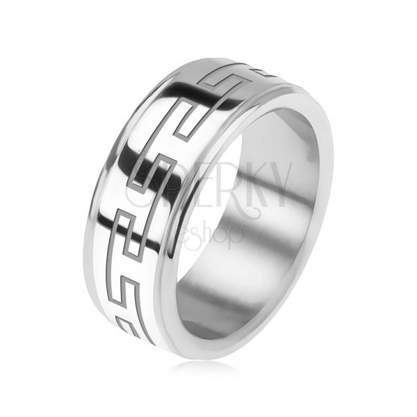 Ocelový prsten, zrcadlově lesklý, snížené okraje, řecký klíč