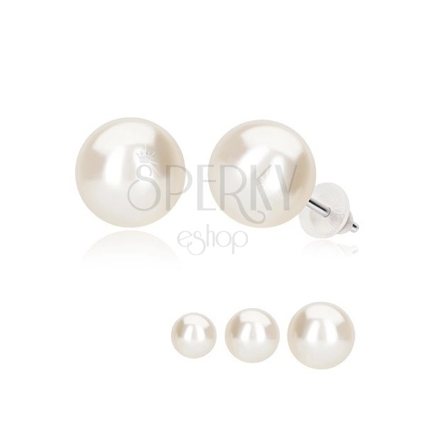 Puzetové náušnice, bílá syntetická perla, stříbro 925