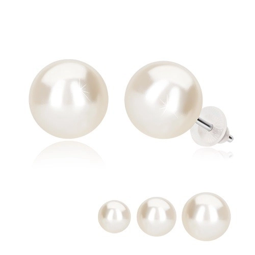 Puzetové náušnice, bílá syntetická perla, stříbro 925 - Hlavička: 8 mm