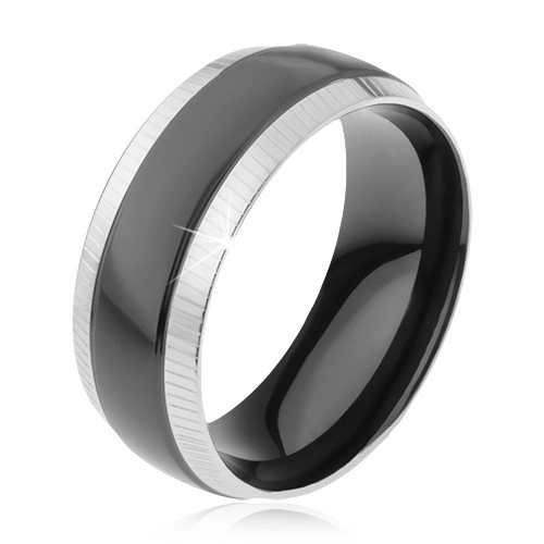 Prsten z oceli 316L, rýhované okrajové pásy, lesklý černý pruh - Velikost: 57
