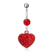 Ocelový piercing do pupíku, červený kamínek a zirkonové srdce