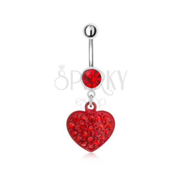 Ocelový piercing do pupíku, červený kamínek a zirkonové srdce
