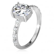 Stříbrný 925 prsten, zirkonová ramena, oválný čirý kamínek