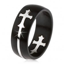 Matný černý ocelový prsten, vyřezávaný kříž stříbrné barvy