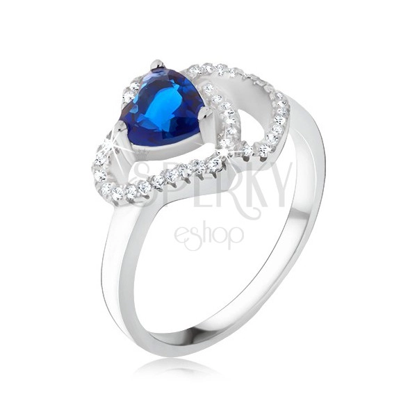 Prsten ze stříbra 925, modrý srdíčkovitý kámen, zirkonové obrysy srdcí