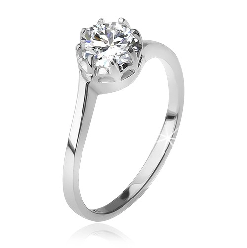 Stříbrný 925 prsten, čirý okrouhlý zirkon v kotlíku - Velikost: 53