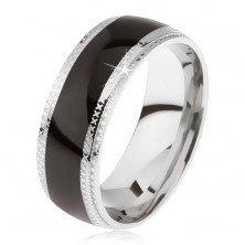 Ocelový prsten, lesklý černý středový pás, rýhované okraje