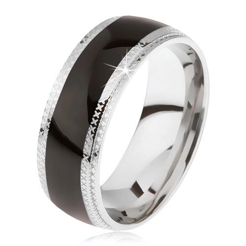 Ocelový prsten, lesklý černý středový pás, rýhované okraje - Velikost: 59