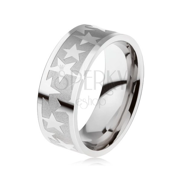 Prsten z chirurgické oceli, matný gravírovaný pás, lesklé hvězdy