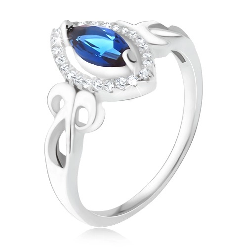 Prsten - modrý zrníčkovitý zirkon, čirý lem, zakroucené proužky, stříbro 925 - Velikost: 65