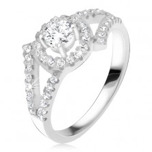 Stříbrný 925 prsten, rozvětvená ramena, okrouhlý kámen s lemem