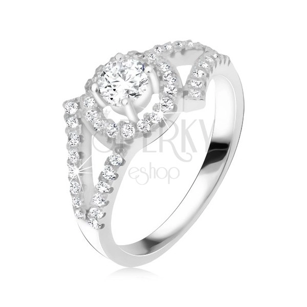 Stříbrný 925 prsten, rozvětvená ramena, okrouhlý kámen s lemem