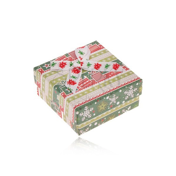 Krabička na náušnice, zeleno-červený vánoční motiv, ozdobná mašle