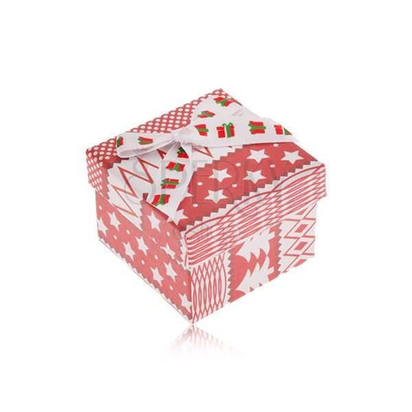Červenobílá dárková krabička, vánoční motiv, mašle