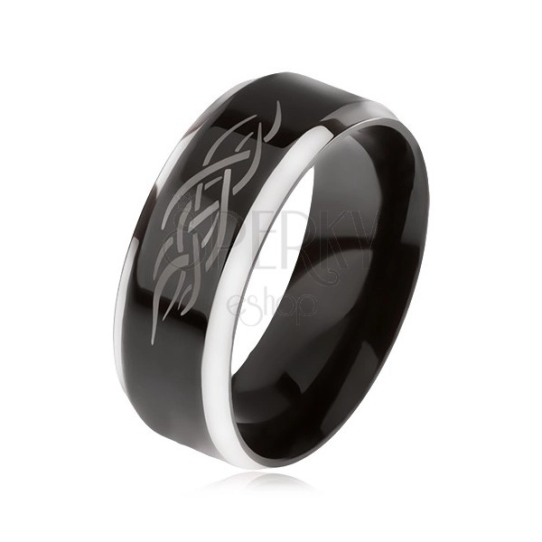 Prsten z oceli, černý středový pás, zkosené hrany, keltský ornament