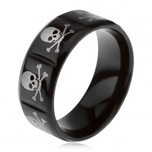 Ocelový prsten černé barvy - svislé zářezy, lebky s překříženými hnáty