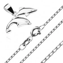 Náhrdelník - dva skákající delfíni, řetízek z oválných oček, stříbro 925