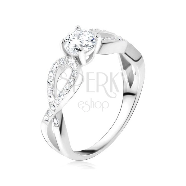 Prsten s čirým okrouhlým kamenem, zirkonové smyčky, stříbro 925