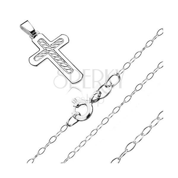 Stříbrný 925 náhrdelník - kříž s pleteným lanem ve středu, blyštivý řetízek