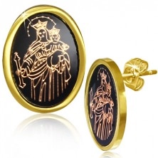 Náušnice z oceli, zlatá barva, Panna Marie a Ježíšek na černém podkladu