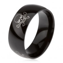 Lesklý černý prsten z oceli 316L, ocelově šedý potisk, lebky s překříženými hnáty