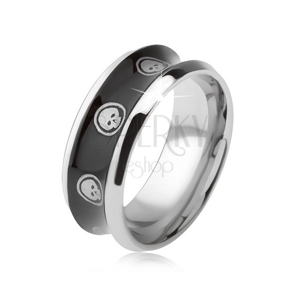 Prsten z chirurgické oceli, lesklý černý, vyhloubený střed, lebka v kruhu