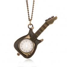 Řetízek s hodinkami - ozdobně patinovaná elektrická kytara, bílý ciferník