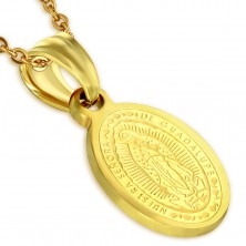 Ocelový medailon zlaté barvy, nanebevzetí Panny Marie, 11 x 15 mm