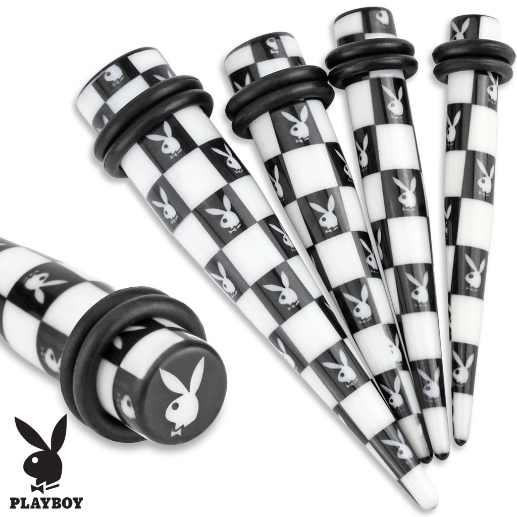 Levně Akrylový taper do ucha, černobílý šachovnicový vzor, Playboy - Tloušťka : 6 mm