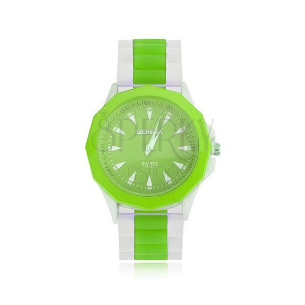 Analogové hodinky zelenobílé barvy, zelený ciferník, silikonový řemínek