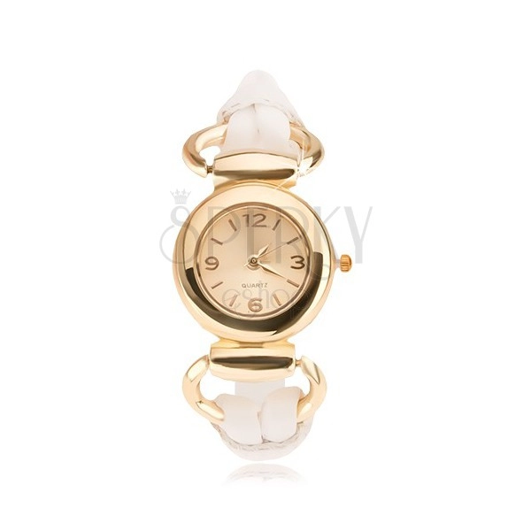 Náramkové hodinky - ciferník zlaté barvy, lesklý bílý ozdobný řemínek