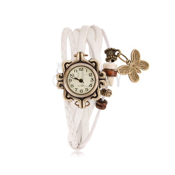 Analogové hodinky, ozdobně vyřezávané, bílý pletený řemínek, korálky
