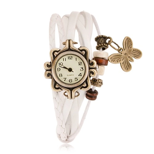 Levně Analogové hodinky, ozdobně vyřezávané, bílý pletený řemínek, korálky