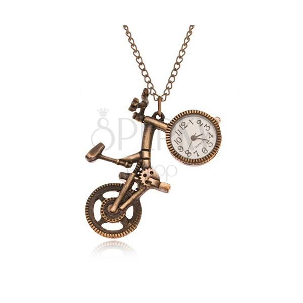 Řetízek s hodinkami - bicykl matné zlaté barvy, ciferník v kole