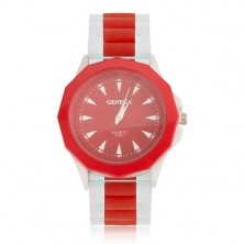 Náramkové hodinky, červený ciferník, silikonový bíločervený řemínek