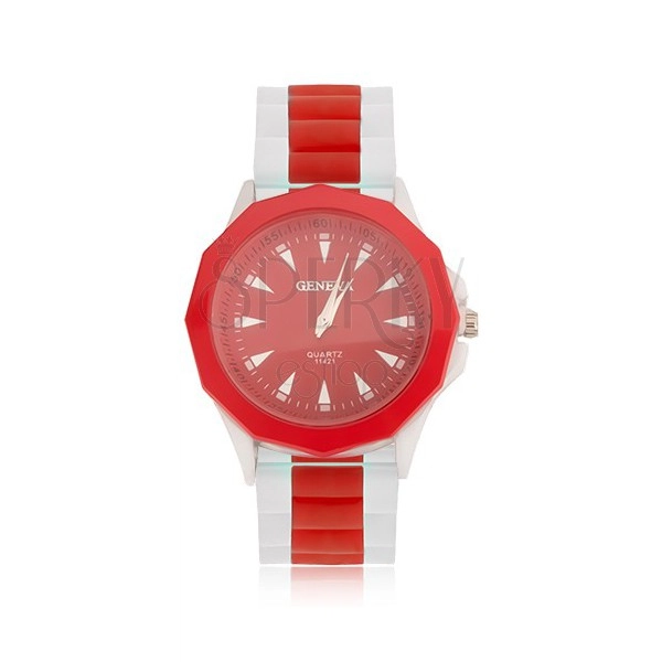Náramkové hodinky, červený ciferník, silikonový bíločervený řemínek