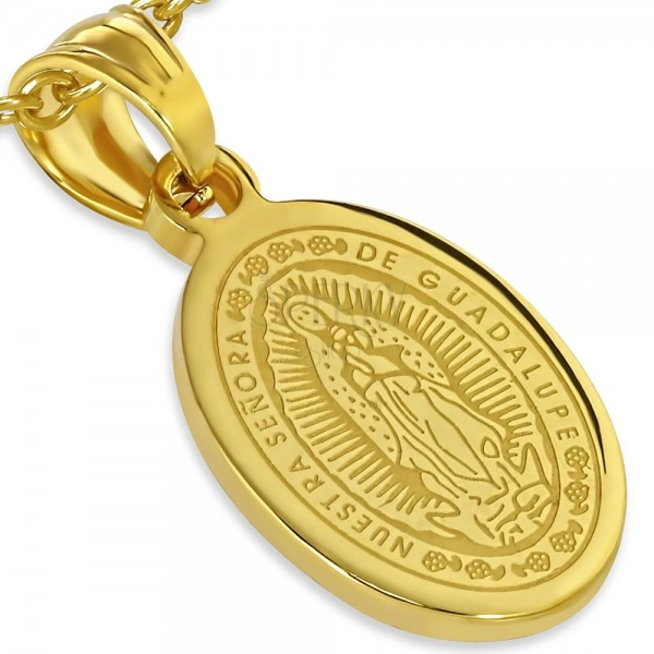 Ocelový medailon zlaté barvy, nanebevzetí Panny Marie, 13 x 19 mm