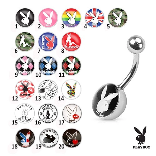 Ocelový piercing do bříška, barevné obrázky zajíčků Playboy - Symbol: PB04