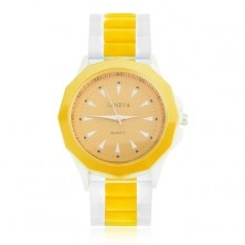 Analogové hodinky žluto-bílé barvy, žlutý ciferník, silikonový řemínek