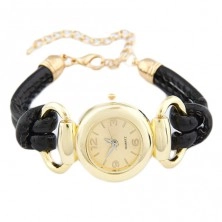 Náramkové hodinky - ciferník zlaté barvy, lesklý černý ozdobný řemínek