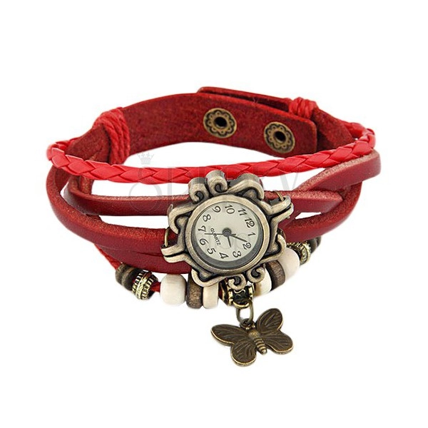 Náramkové hodinky, ozdobně vyřezávané, červený pletený řemínek, korálky