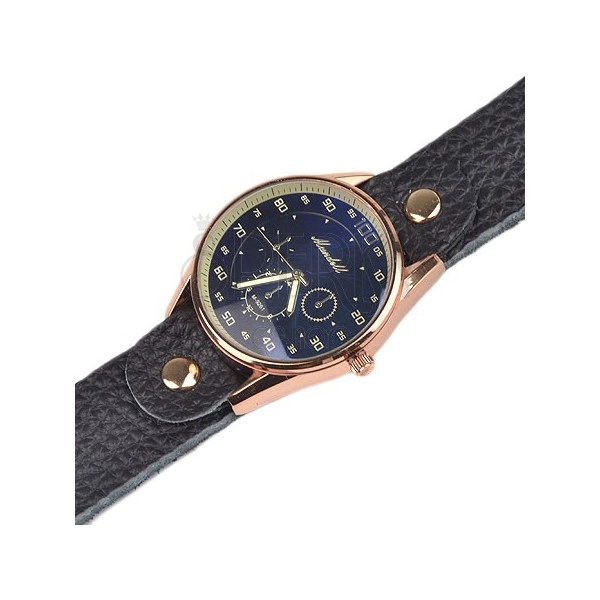 Náramkové hodinky - velký tmavě modrý ciferník, černý koženkový řemínek