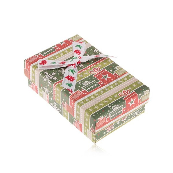 Krabička na náušnice a prsten, zeleno-červený vánoční motiv, ozdobná mašle