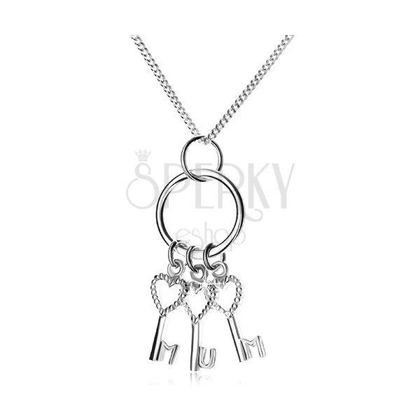 Stříbrný 925 náhrdelník - řetízek a tři klíčky na kroužku, MUM