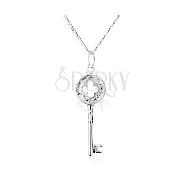 Náhrdelník - třpytivý řetízek, klíček s výřezem ve tvaru květu, stříbro 925