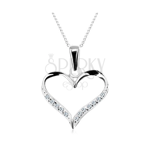 Náhrdelník - řetízek a obrys asymetrického srdce, čiré zirkony, stříbro 925