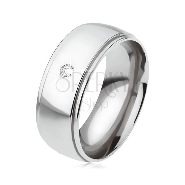 Ocelový prsten s lesklým oblým středovým pásem, čirý zirkon