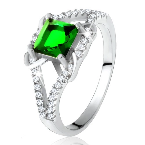 Prsten ze stříbra 925, čtvercový zelený zirkon, rozdvojená ramena, X - Velikost: 60